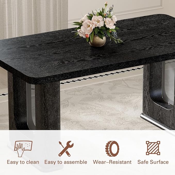 64.5" Black Dining Table Set for 4, Modern Kitchen Table and Chairs Set with PU Leather Cushioned Chairs & Decorative Pedestal Base, 5 Piece Wood Grain Dining Table Set for Dining Room or Kitchen