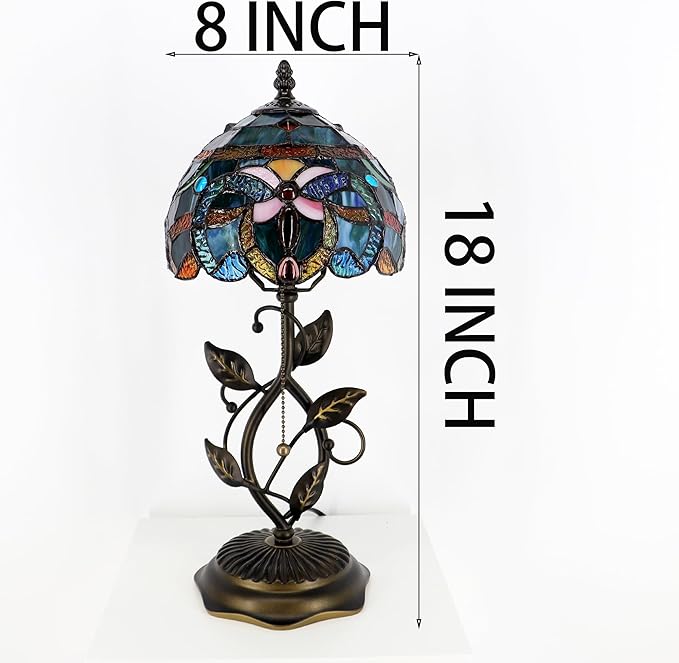Small Tiffany Lamp Sea Blue Baroque Style Stained Glass Table Lamps Desk Bedside Reading Light 8X8X18 Inches with Bronze Metal Leaf Resin Base