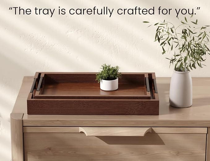 Bamboo Set of 2 Serving Tray with Metal Handles,Ottoman Decorative Trays Platter for Coffee Table,Living Room,Bar,Party(Brown)