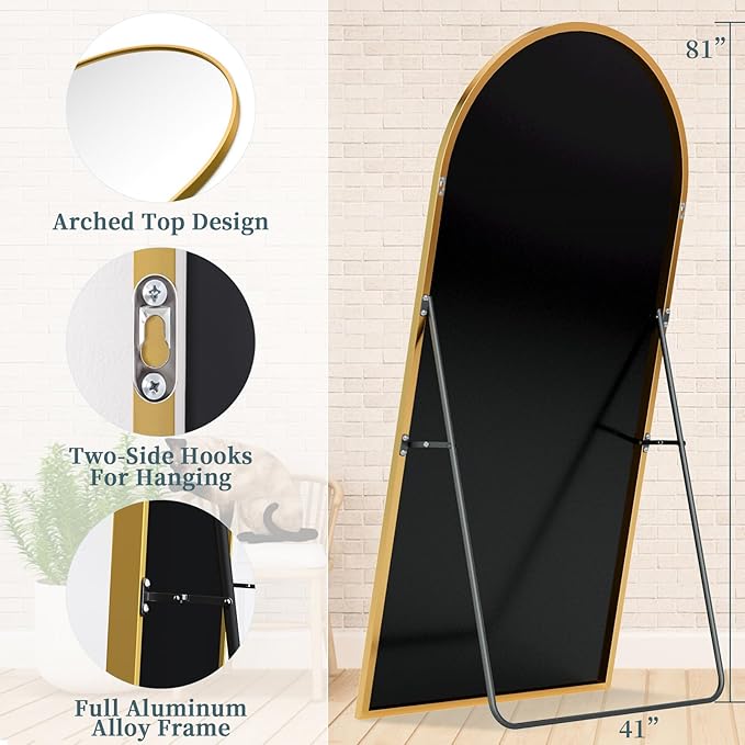 Full Length Mirror, 82"x44" Oversized Floor Mirror with Stand, Hanging or Leaning Full Body Mirrors Mirror for Bedroom, Living Room, Cloakroom, Arch, Gold