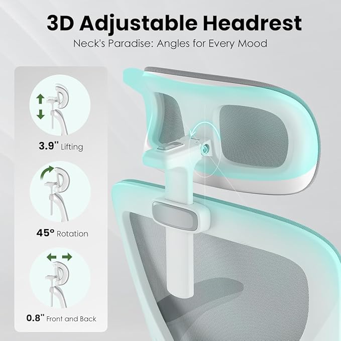 Soohow Office Chair, Ergonomic Office Mesh Desk Chair with Adjustable Back Support, High Back Comfy Computer Swivel Chair with Headrest, Lumbar Support for Study Room, Gaming and Office, White & Grey