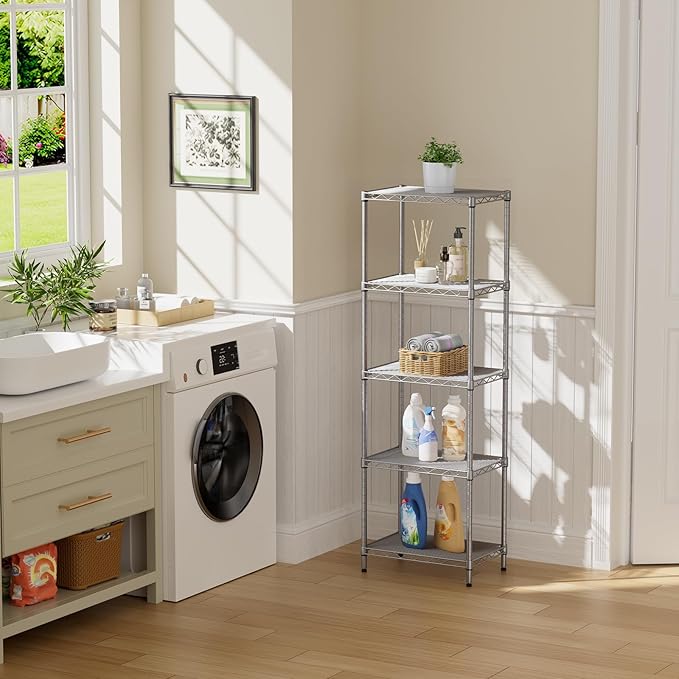 SINGAYE 5 Tier Shelf Wire Shelving Adjustable Storage Shelves Rack Standing Units for Kitchen Closet Laundry Bathroom Organizers Metal Pantry Narrow Mesh Gaps 10" D x 16" W x 55" H Gray