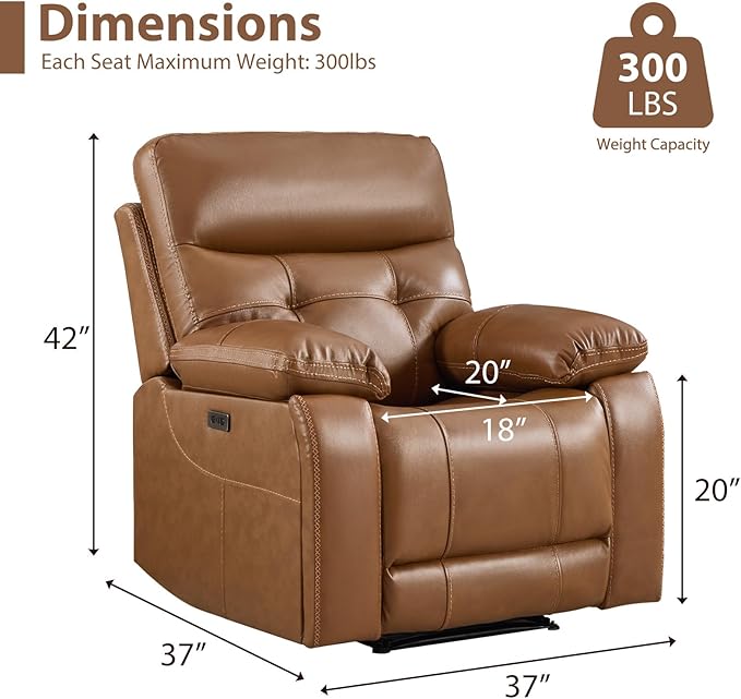 CANMOV Genuine Leather Recliner Chair, Power Single Reclining Sofa with Comfortable Arms and Back, Modern Electric Recliner Couch Set with Hidden Cup Holders,USB, Type C Port for Living Room,Brown