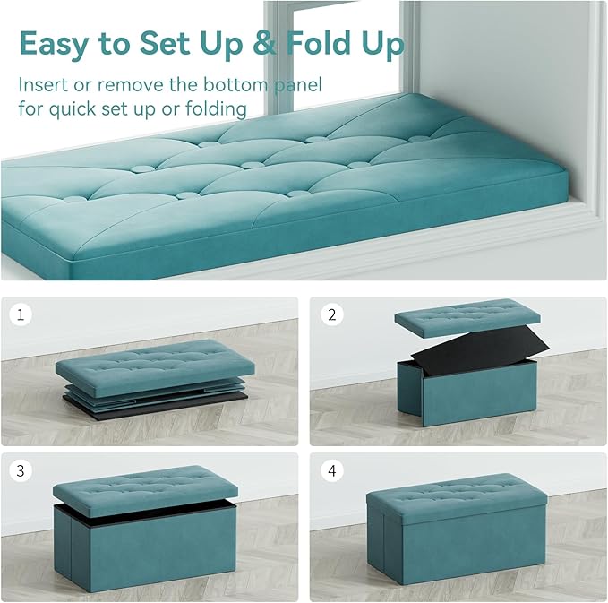 BRIAN & DANY Folding Storage Ottoman Bench, Ottoman with Storage, Foot Rest, Benches Seat for Bedroom, Living Room, Entryway, Long Shoes Bench, 15.7" x 31.5" x 15.7" Teal
