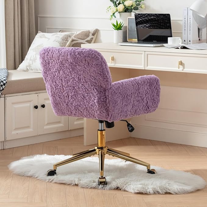 Goujxcy Faux Fur Home Office Teddy Fabric Swivel Chair - Height Adjustable Purple Elegant Vanity Chair for Teen Girls