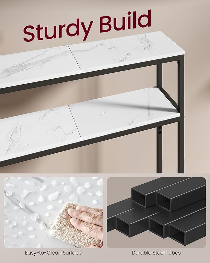 VASAGLE Console Table, 2-Tier Narrow Sofa Table with 2 Shelves, 7.9 x 31.5 x 31.5 Inches, for Living Room, Hallway, Entryway, Marble White and Ink Black ULNT130W59V1