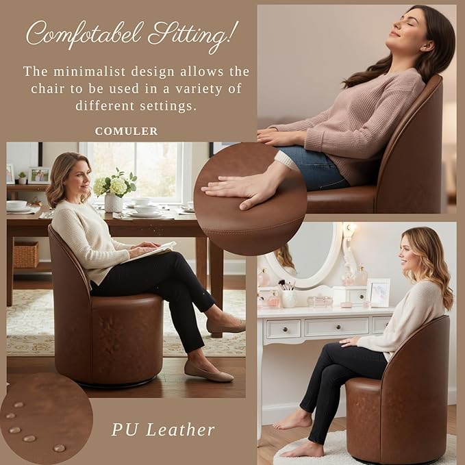 Modern Barrel Dining Chairs Set of 4, Swivel Base Cognac PU Leather Accent Chair 360°Rotating Mid-Century Dining Side Chair Kitchen Chair for Living Room, Bedroom, Home, Office, Kitchen(Brown)