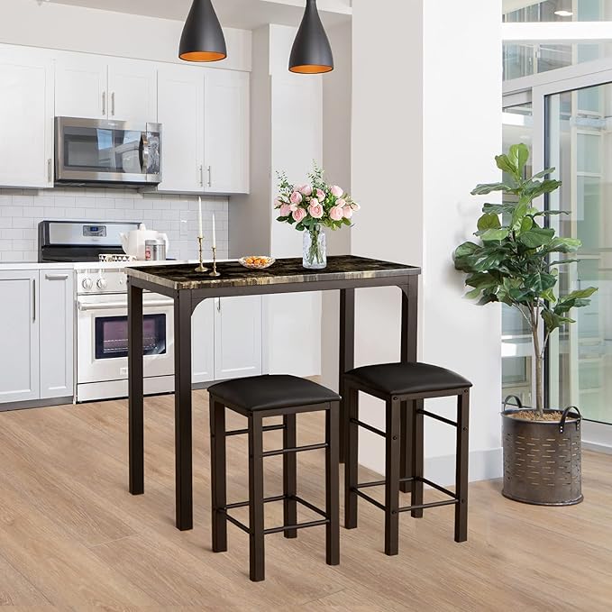 VECELO 3 Piece Dining Table Set for 2, Kitchen Table Set with 2 Chairs for Small Space, Space-Saving and Modern Design, Apartment, Easy to Assemble,Classic Brown