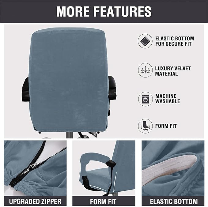 Velvet Plush Office Desk Chair Cover - Cat Proof Stretchable Elastic Comfy Protector for Ergonomic Office Chair with Wheels and Armrests, Fits Mesh and Executive Computer Chairs, Gray Blue, XL