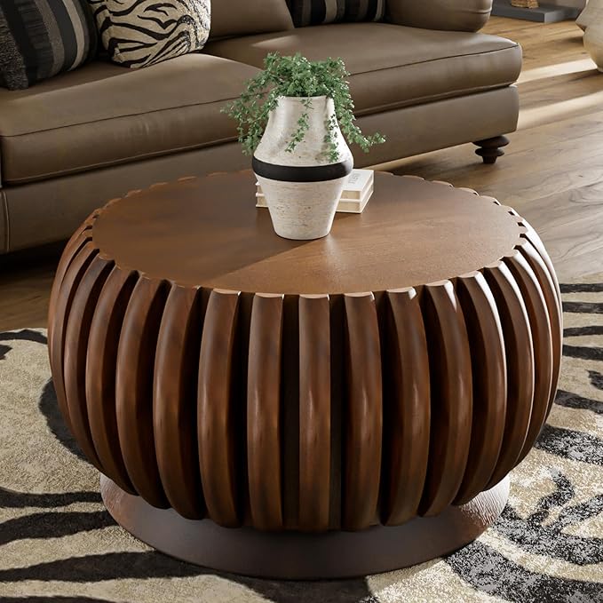 26.37'' Round Drum Coffee Table for Living Room Modern Rustic Farmhouse Wood Circle Coffee Tables with Fluted Pedestal Center Tables Tea Tables for Apartment Office Walnut