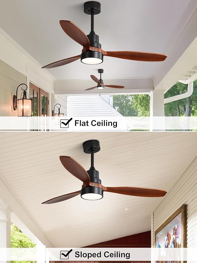 Sofucor Ceiling Fan with Lights and Remote, 52 inch Modern LED Ceiling Fan with 3 Wood Blades and 3 Black Downrods, for Indoor Bedroom Living Room Outdoor Patio Porch, Reversible, Quiet and Powerful
