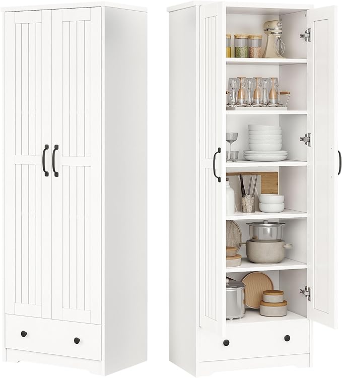 70" Tall Storage Cabinets, Large Wood Storage Pantry Cabinet with 6 Adjustable Shelves, 2 Striped Doors & Drawer, Standing Utility Cabinet for Kitchen, Bathroom, Dining Room, Antique (White)