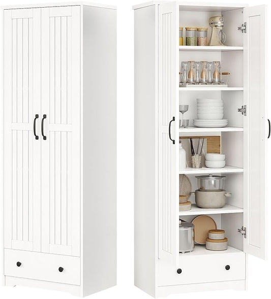 70" Tall Storage Cabinets, Large Wood Storage Pantry Cabinet with 6 Adjustable Shelves, 2 Striped Doors & Drawer, Standing Utility Cabinet for Kitchen, Bathroom, Dining Room, Antique (White)