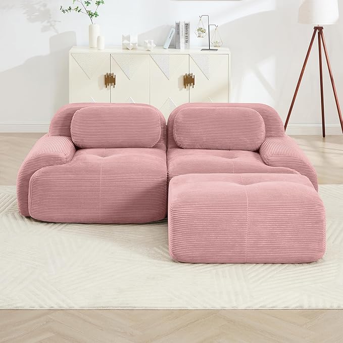 80" Modern Compressed Boneless Love Seat Couches with 1 Ottoman, 2 Seater Large Sectional Couches for Living Room, Pink Corduroy Cloud Modular Sectional Sofa, Memory Foam, Deep Loveseat, No Assembly