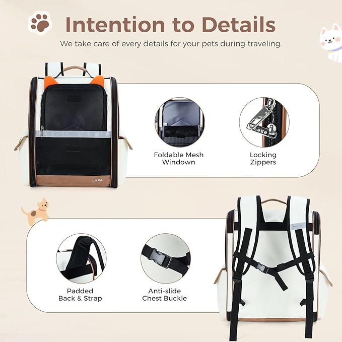 Lekereise Cat Backpack Carrier, Pet Carrier Backpack Airline Approved for Small Dogs Medium Cats Fit Up to 18 Lbs, Dogs Foldable Backpack Carrier for Travel, Hiking, Beige-Orange Ears