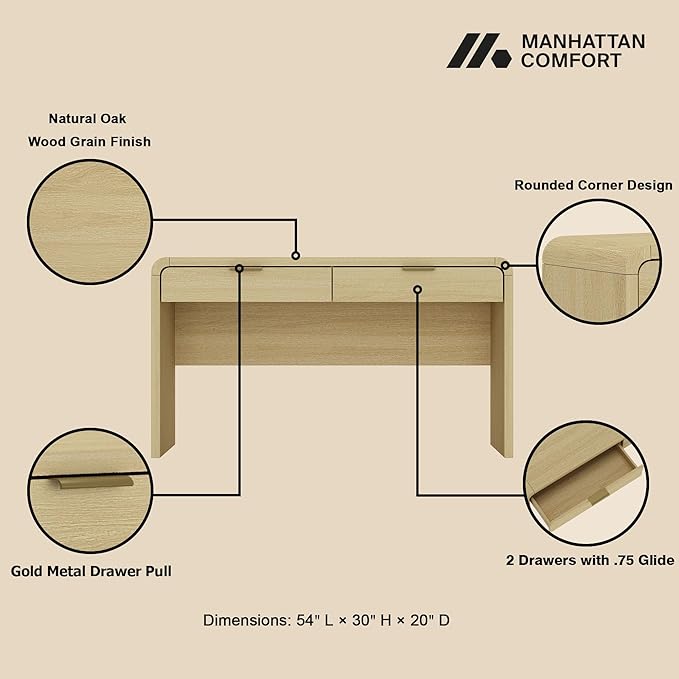 Manhattan Comfort Grace 54" Modern Home Office Desk with Drawers, Metal Handles, and Ample Workspace, Stylish Wood Table for Writing, Vanity, Work or Study, Natural Oak & Gold