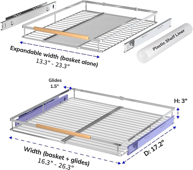 Pull Out Drawer Cabinet Organizer, Expandable Slide Out Storage Shelves - Heavy Duty, Durable and Smooth Slide-Out, 16.3"~26.3" Wide x 17.3" Deep, 2 Pack