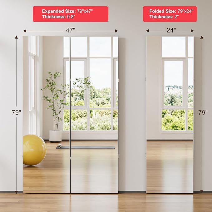 brisafe 360-Degree Folding Full-Length Mirror - 63" x 55"Oversized Anti-Shatter Nano Film Mirror, Space-Saving Foldable Design for Home Gym/Yoga Studio, 60% Commercial Insurance Discount, White
