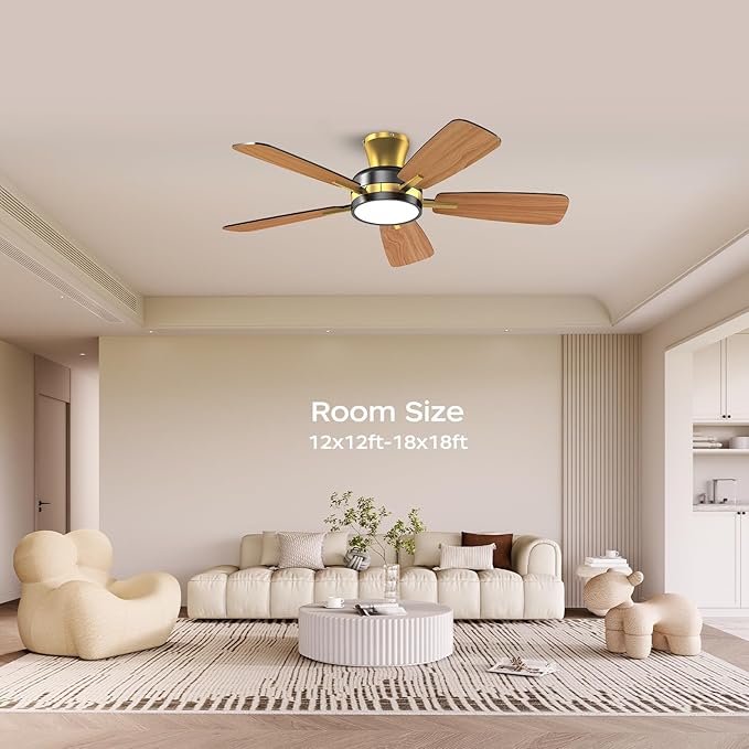 TALOYA Ceiling Fans with Lights and Remote, 46 Inch Low Profile Ceiling Fan with Light, Flush Mount, Reversible, 3CCT, Dimmable Modern Ceiling Fan for Bedroom, Living Room, Outdoor Patio, Black Gold