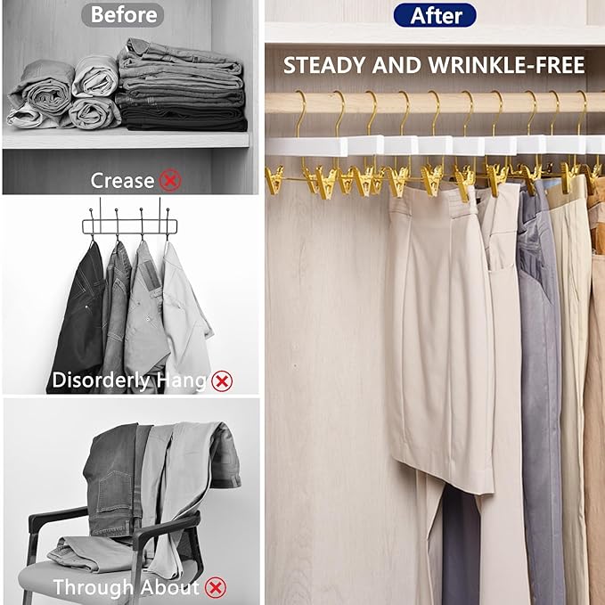 Amber Home 24 Pack White Wooden Pants Hangers with Gold Clips, Wood Skirt and Trouser Hangers for Jeans, Slacks, Shorts