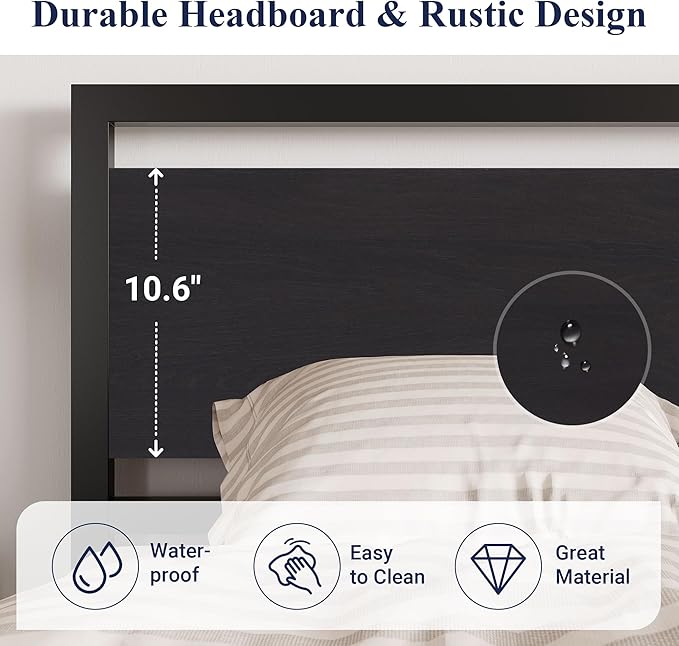 Allewie Full Bed Frame with Headboard, Heavy Duty Metal Platform Base with Strong Support, Underneath Storage Space, Stable Mattress Foundation, No Box Spring Needed, Black