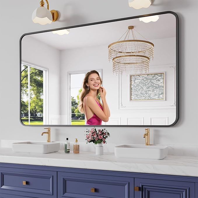Koonmi Bathroom Mirror, 36X60 Brushed Black Metal Framed Wall-Mounted Mirror for Over Sink, HD Tempered Glass, Anti-Rust, Rounded Rectangle Mirror for Restroom, Bedroom, Hangs Horizontal or Vertical