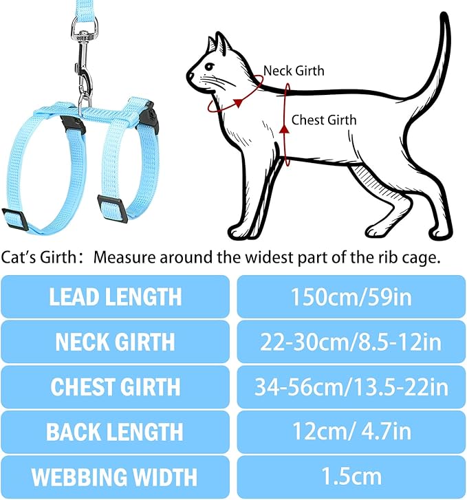 PUPTECK Adjustable Cat Harness and Leash Set Escape Proof Kitten Strap Collar for Walking Travel, Sky Blue, M