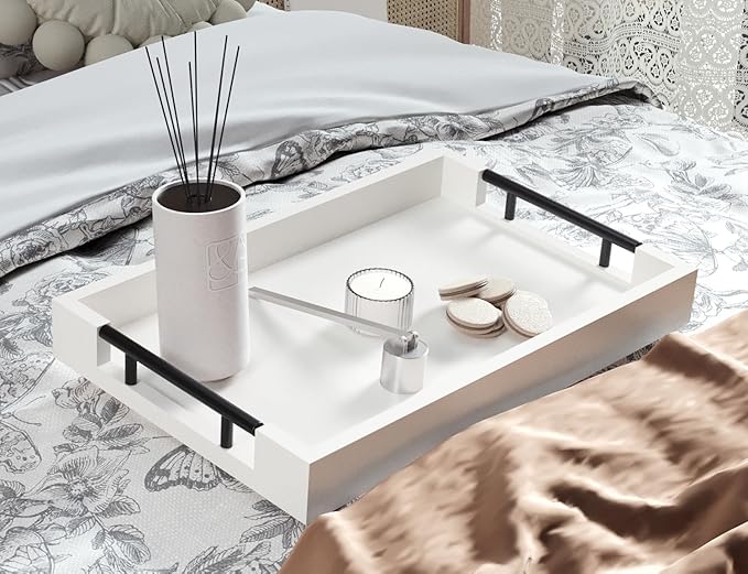 Bamboo Serving Tray with Metal Handles,15x10in Ottoman Decorative Trays Platter for Coffee Table,Living Room,Bar,Party,Mediuml(White)