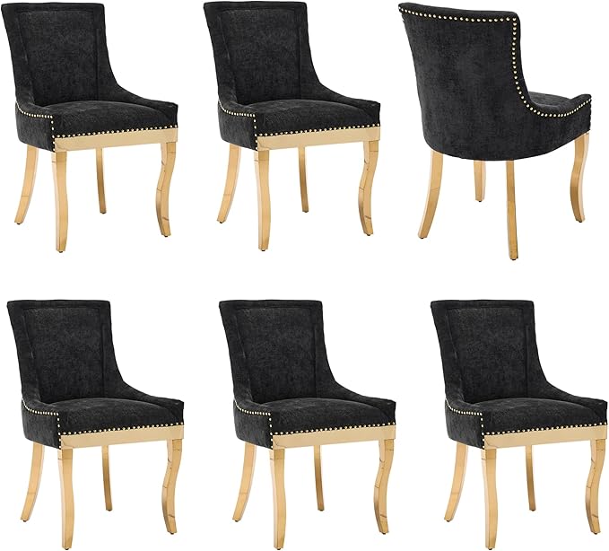 Luxury Fabirc Upholstered Dining Chairs Set of 6,Neutral Chenille Kitchen Room Chair with Nailhead Trim,6 Piece Modern Side Chairs for Dining Room,Living Room,Bar (Black-Gold, Set of 6)