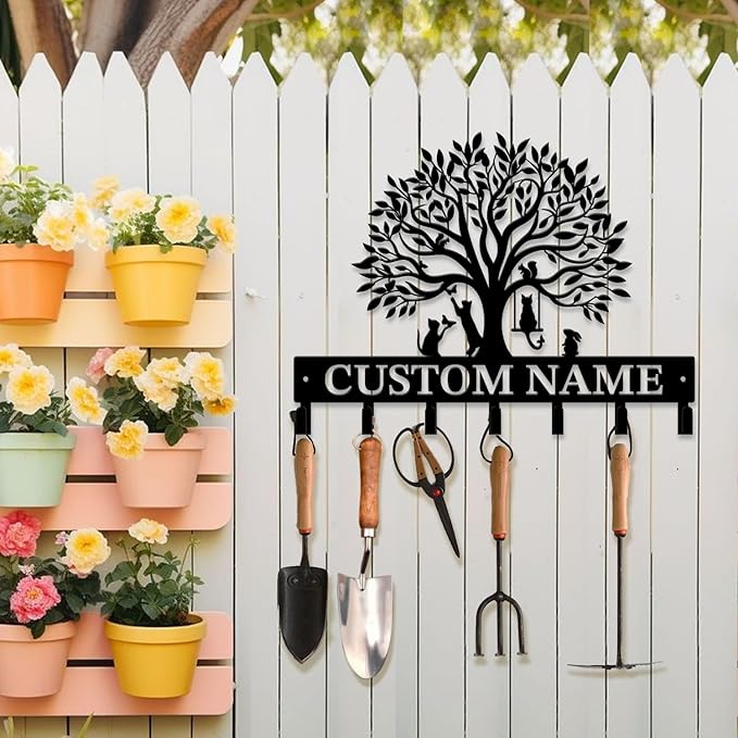 Life Tree Key Hook - Customized Metal Wall Organizer with Name Engraving, Black Iron Home Decor for Themed Collectors (Style A)
