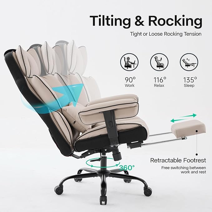 Big and Tall Office Chair 400lbs Wide Seat,High Back Gaming Chair with Foot Rest, Ergonomic Reclining Executive Office Chair Lumbar Support,Leather Computer Chair Adjustable Arm(Black Beige)