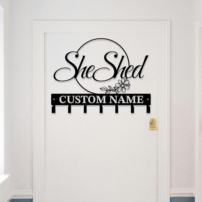 Personalized She Shed Keys Hooks,Custom Name Metal She Shed Art Keys Hooks,Metal She Shed Lover Wall Home Storage Decorative Keys Hooks,Key Holder Hooks for Wall (Style G)