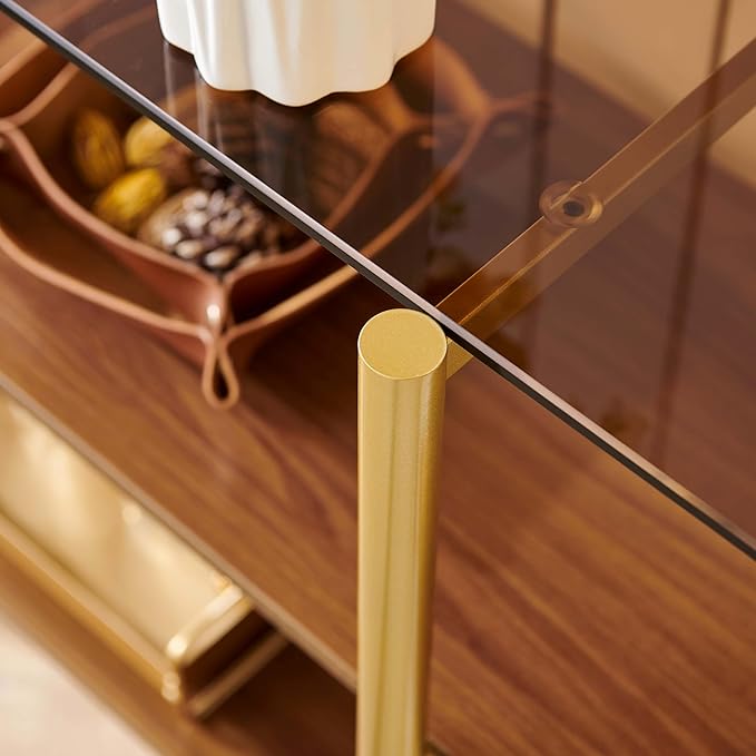 Glass Console Table for Living Room, Foyer & Entryway, L41 x W14 x H31 Inch, 3-Tier Mid-Century Modern Sofa Table with Amber Glass Top, Walnut Finish Wood Shelf and Gold Finish Frame