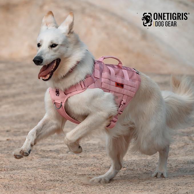 OneTigris Tactical Dog Harness for Small Dogs, No Pull Small Dog Vest Harness with Handles Breathable Military Dogs Molle Vests, Walking Hiking Training (Pink, X-Large)