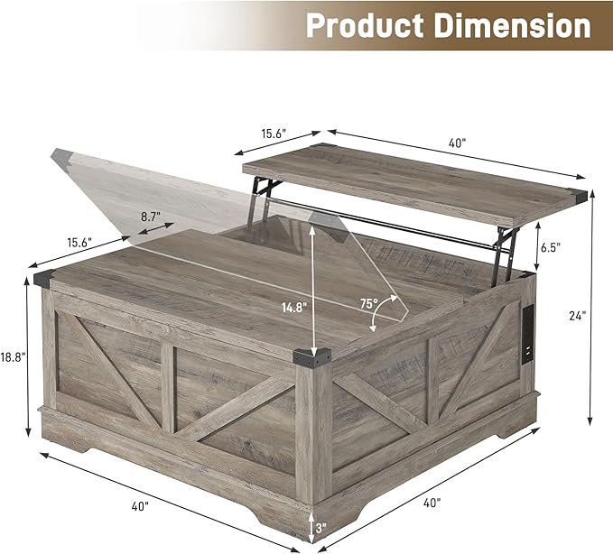 40” Large Farmhouse Lift Top Coffee Table with Power Outlets and Large Hidden Storage, Square Wood Living Room Tables, Multi-Function Lift Wooden Barn Door Center Table, Grey