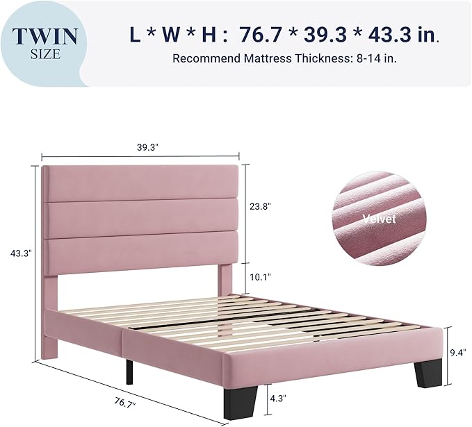 Allewie Twin Size Platform Bed Frame with Velvet Upholstered Headboard and Wooden Slats Support, Fully Upholstered Mattress Foundation/No Box Spring Needed/Easy Assembly, Pink