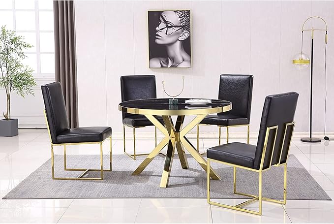AUZ Dining Chairs Set of 8, Black Faux Leather Upholstered Dining Room Chairs with Polished Gold Stainless Steel Sled Legs