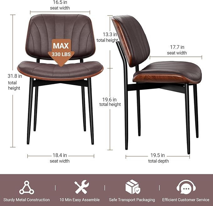 Dining Chairs Set of 2, Mid-Century Modern Upholstered PU Leather Chairs with Walnut Bentwood Back and Metal Legs Adjustable Feet for Kitchen Dining Room, Dark Brown Shell Strips