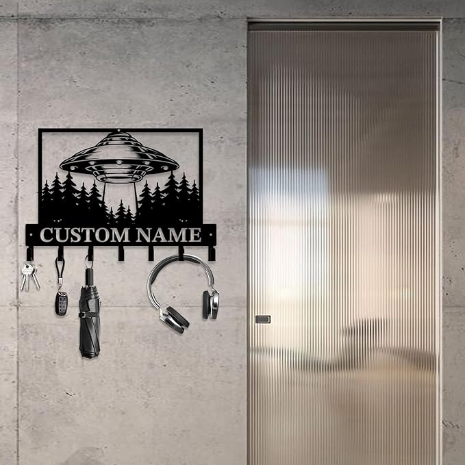 Personalized Custom Alien UFO Metal Wall Keys Hooks,Clothes Hooks Alien ET Art Coat Racks,Door Holder,Black Alien UFO Decorations for Home,Entrance Doors,Hallway, Bedroom,Keys,Hats (Style G)