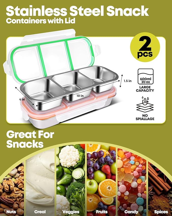 2Pack Stainless Steel Snack Containers for Kids Adults, Reusable 3 Compartment Snackle Box Container with Leakproof Lids Metal Bento Lunch Food Snack Boxs for Travel Picnics Camping Office School