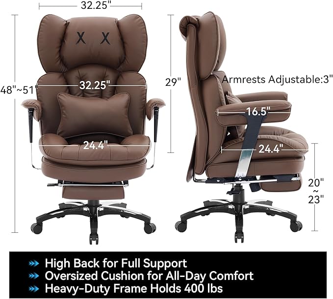 Efomao Big and Tall Office Chair 400lbs, Ergonomic High Back Executive Office Chair with Footrest, Wide Computer Desk Chair for Home Office, Comfortable PU Leather Heavy Duty Chair，Brown