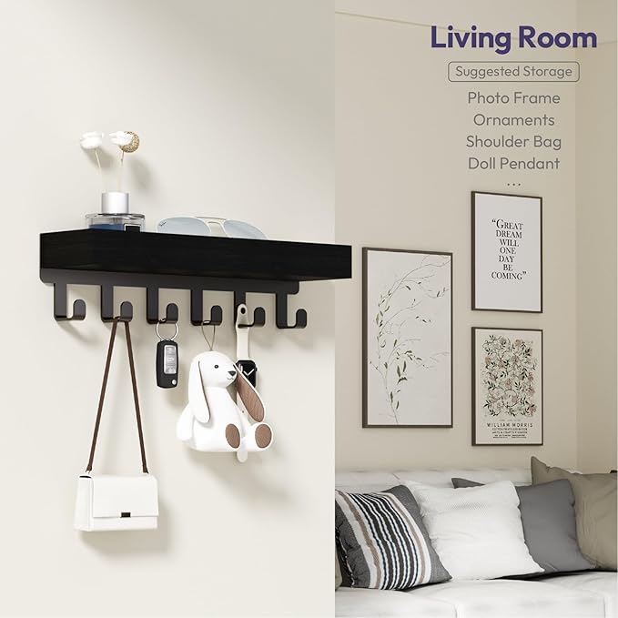 SWTYMIKI Key Holder Wall Mount - Wooden Key Hooks for Wall with Mail Organizer & 6 Hooks, 2 Installation Ways Key Hanger, Key Rack with Shelf for Entryway Living Room Bedroom Office Home Decor Black