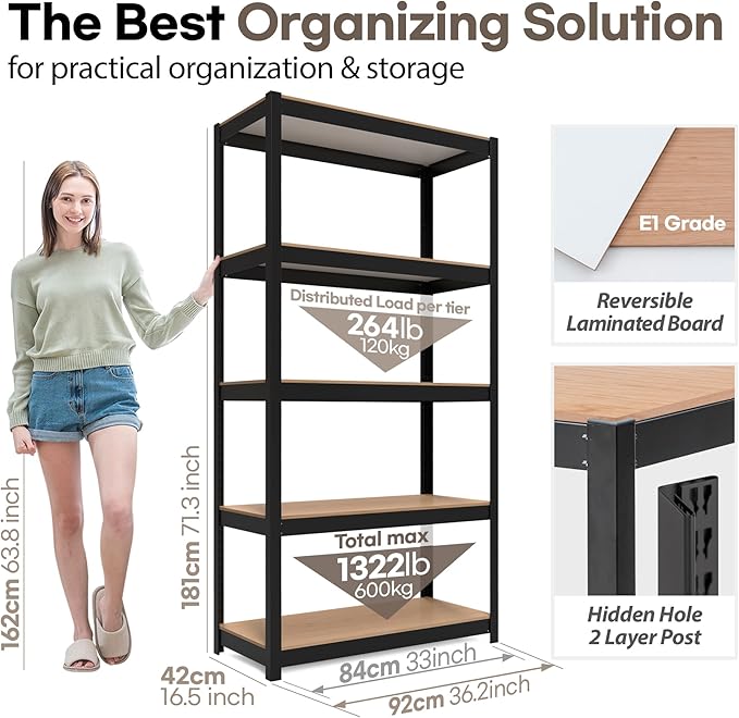 HOMEDANT House 36.2" W 5 Tier Heavy Duty Garage Shelving Adjustable Metal Rack Storage Shelves Standing Shelf Unit Organizers Pantry Closet Office Black 1Pack