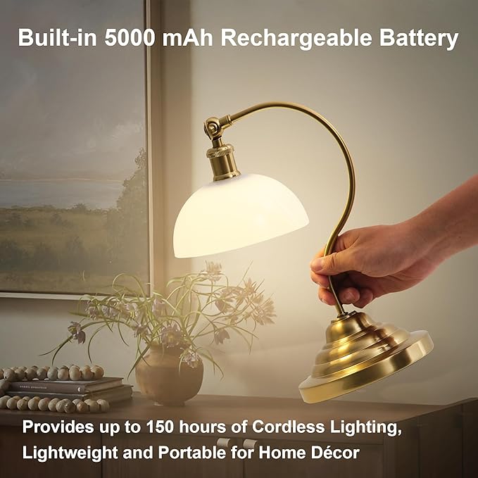 Cordless LED Table Lamp, 180° Swing Arm Desk Lamp, Battery Operated,Dimmable/3 Color, Vintage Rechargeable Table Light for Living Room,Bedroom,Bedside, White Shade, Brass