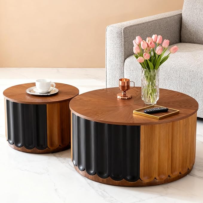 26" Round Nesting Coffee Table Set of 2 with Storage, Modern Round Wood Fluted Coffee Tables with Storage for Living Room Nesting End Table for Small Space (B Walnut)