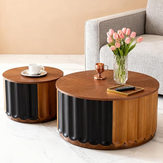 26" Round Nesting Coffee Table Set of 2 with Storage, Modern Round Wood Fluted Coffee Tables with Storage for Living Room Nesting End Table for Small Space (B Walnut)