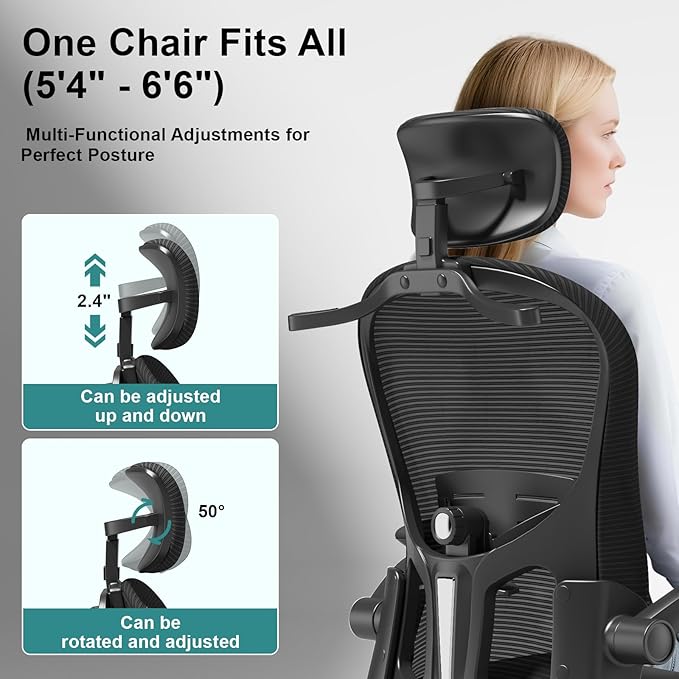 Ergonomic Office Chair High Back with Adjustable Lumbar Support, Mesh Computer Chair with Headrest and Flip-Up Arms for Executive, 90-120° Tilt Lock Swivel Rolling Task Chairs(Black)