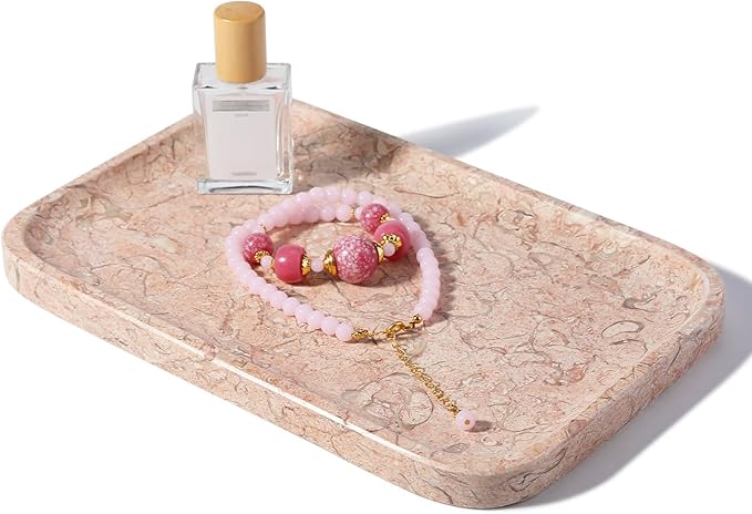 Koville Marble Tray, 12"x8" Natural Marble Vanity Tray for Countertop Bathroom Kitchen Dresser, Decorative Catchall Trays for Perfume Jewelry, Rectangular Stone Serving Tray(Pink)