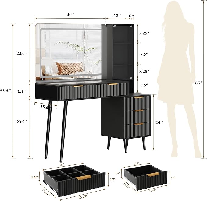 Makeup Vanity Desk with Mirror and Lights, 48" Fluted Makeup Table with Glass Top, Vanity Desk with 5 Drawers, Open Shelf & Power Outlet, Modern Dressing Table for Bedroom Living Room