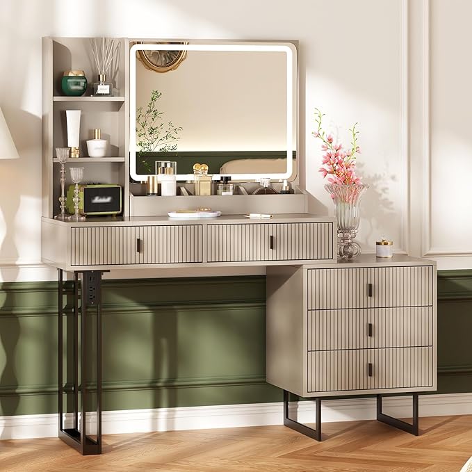 Large Vanity Desk with 3 Color Touch Screen Dimming Mirror, Vanity Desk with Charging Station, Modern Retractable Makeup Dressing Table, Makeup Table with Storage Shelves and 5 Sliding Drawers
